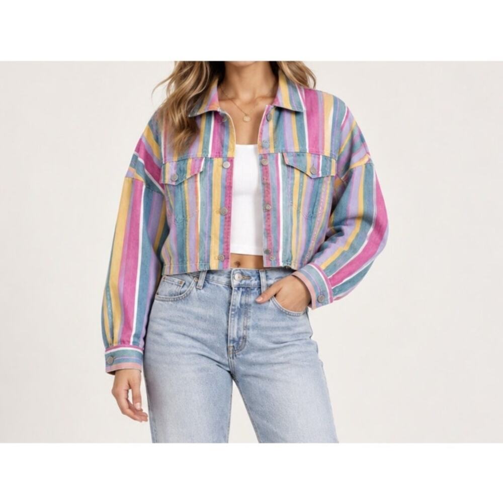 Signatures Multicolor Stripe Cropped Jacket S/M Y2K Trucker Button Front Cotton
